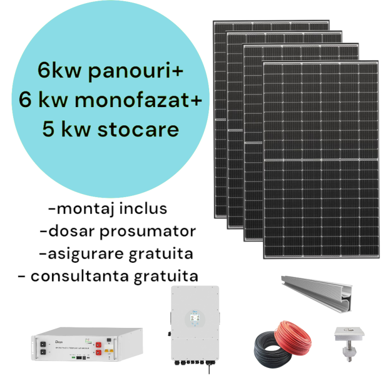 Kit Panouri fotovoltaice 6kw cu invertor 6kw si baterie stocare 5kw